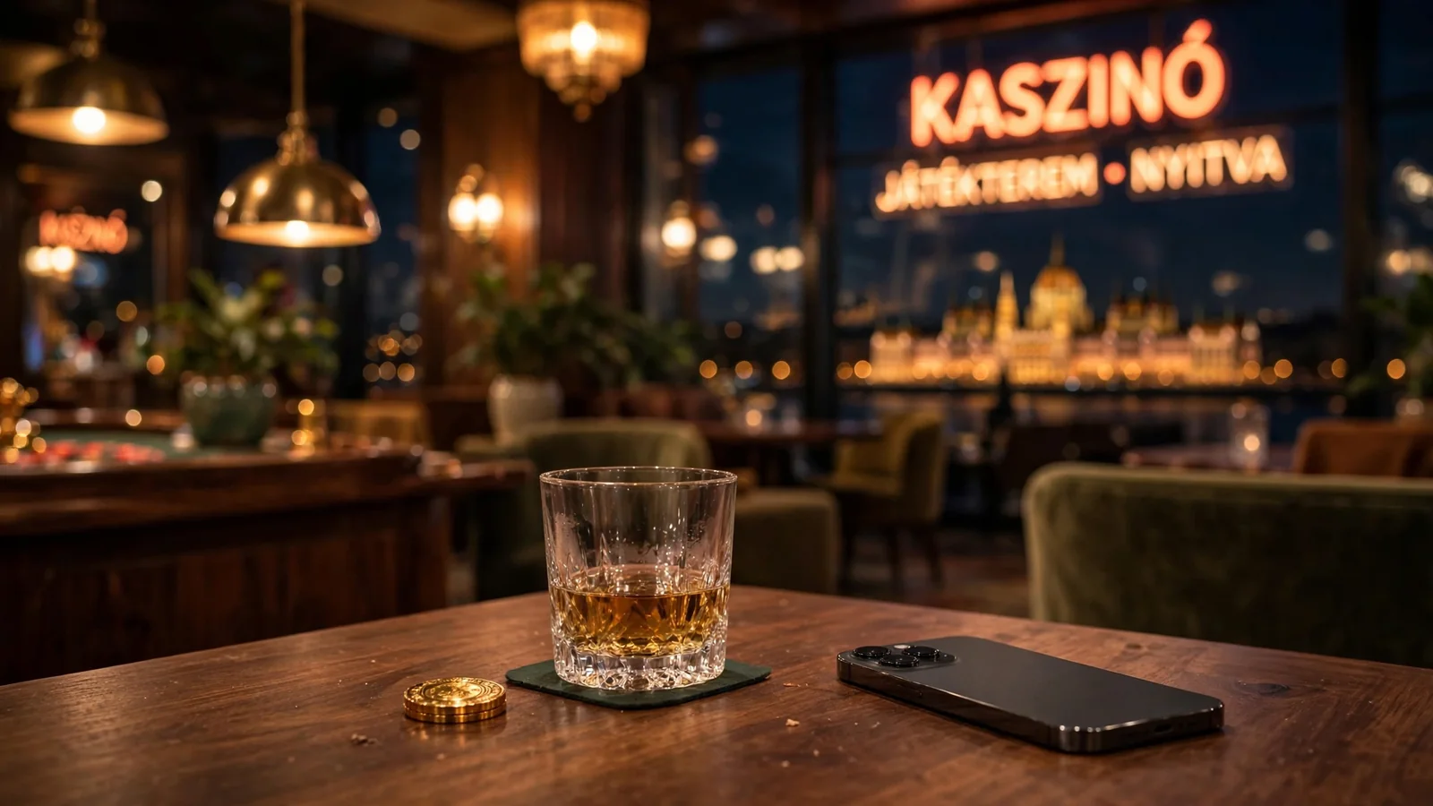 Aranyló fényű magyar kaszinó belseje rulettzsetonnal és arccal lefelé fordított telefonnal
