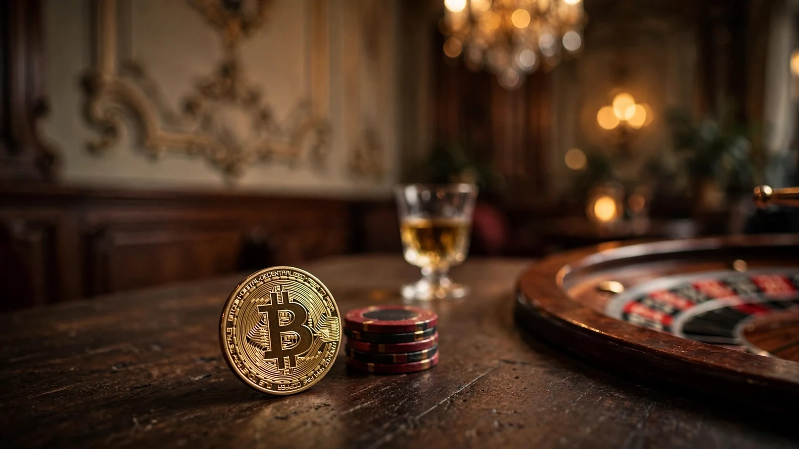 Bitcoin érme és zsetonok elegáns magyar kaszinóasztalon, meleg arany fényben