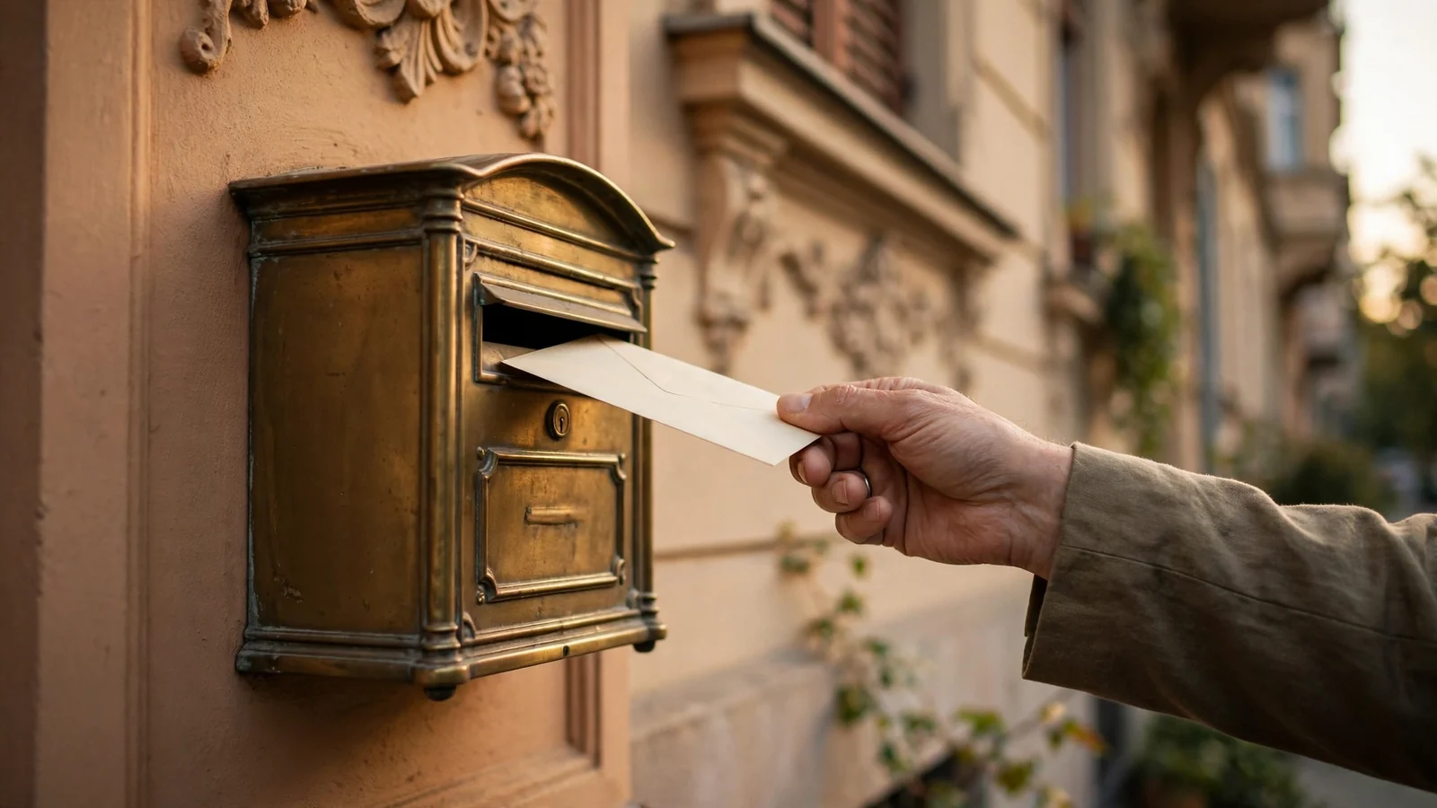 Kéz, amint borítékot dug egy régi postaládába budapesti épület falán.