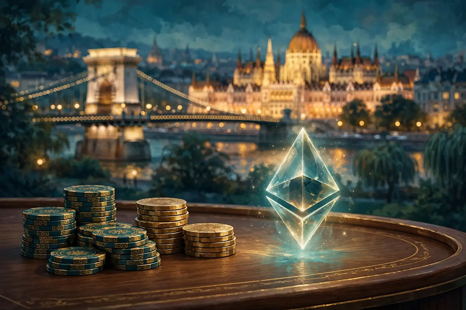 Ethereum kristály kaszinó zsetonokkal a budapesti Parlament és a Lánchíd esti hátterében