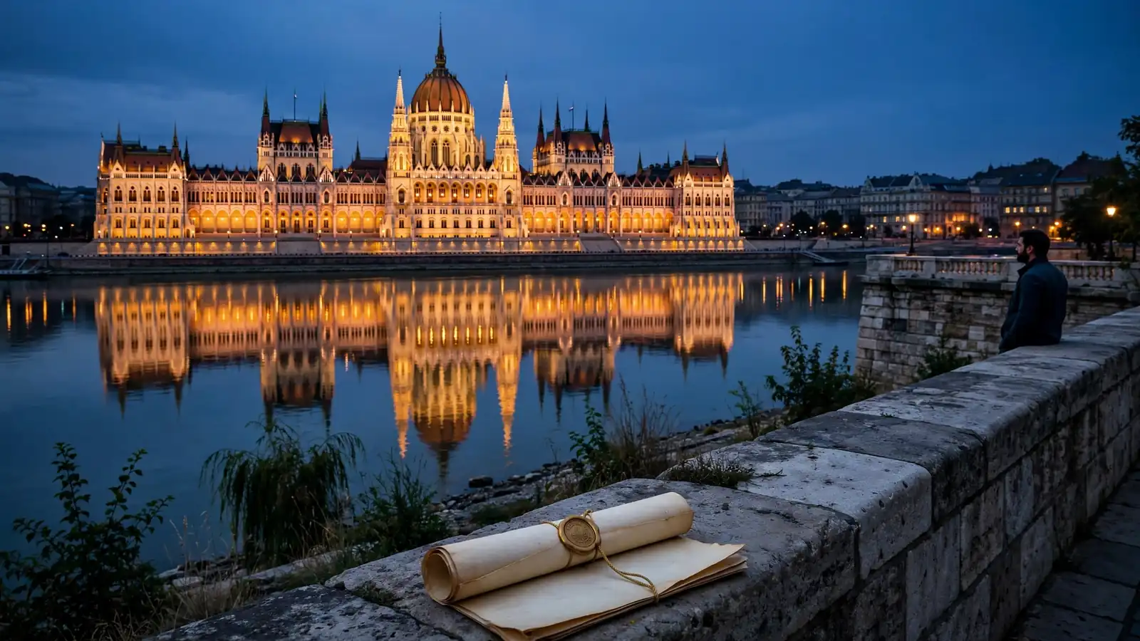 A budapesti parlament az alkonyati Duna felett, szabályozást jelképező okirattal
