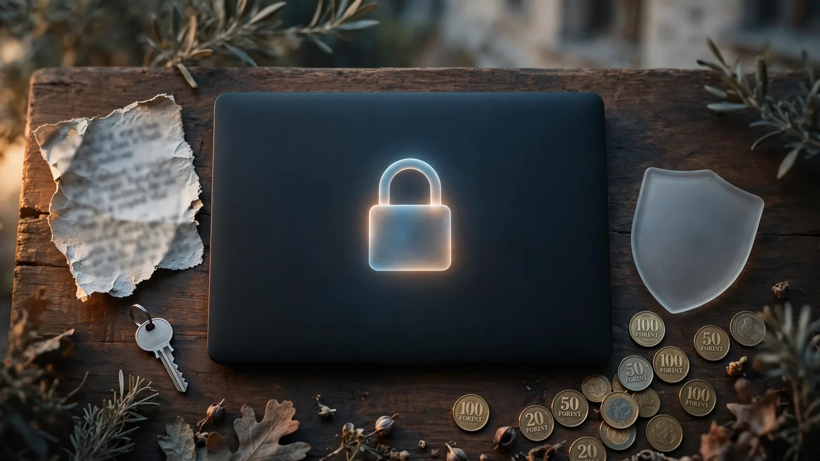 Zárt laptop asztalon lakat ikonnal, személyes adatokat elfedő papír és pajzs szimbolizálja az adatvédelmet.